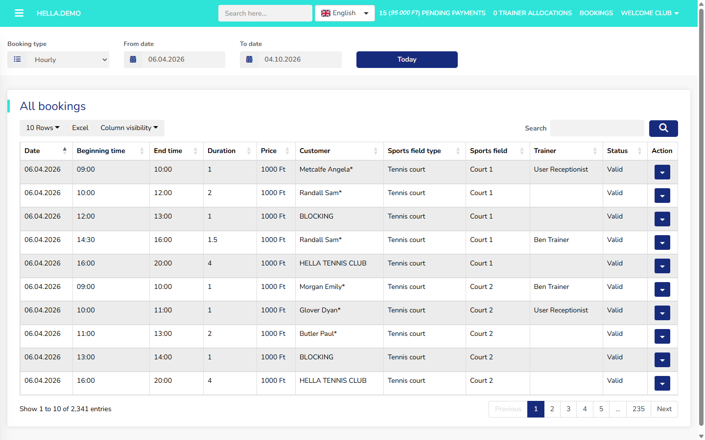All bookings list