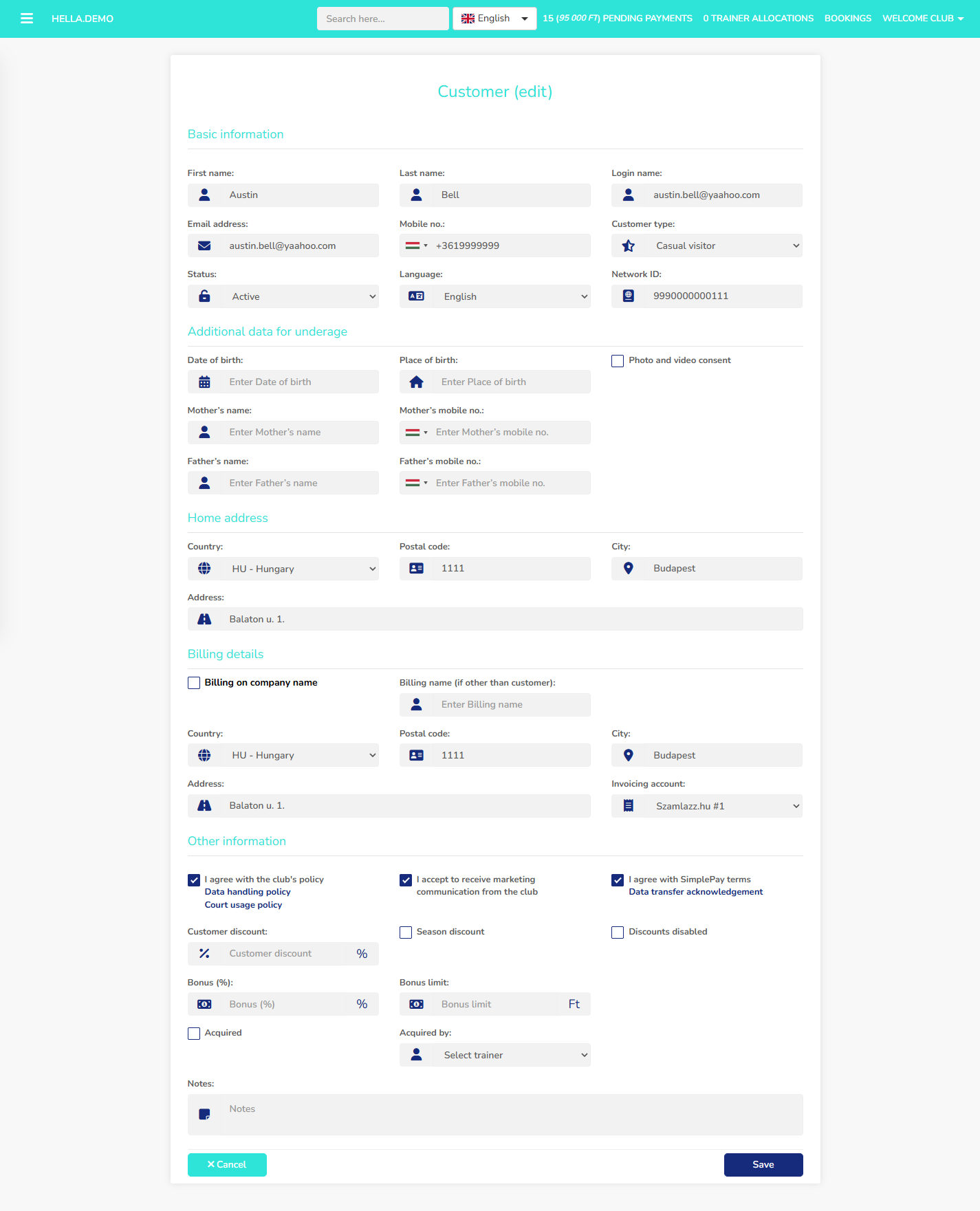 Customer edit form